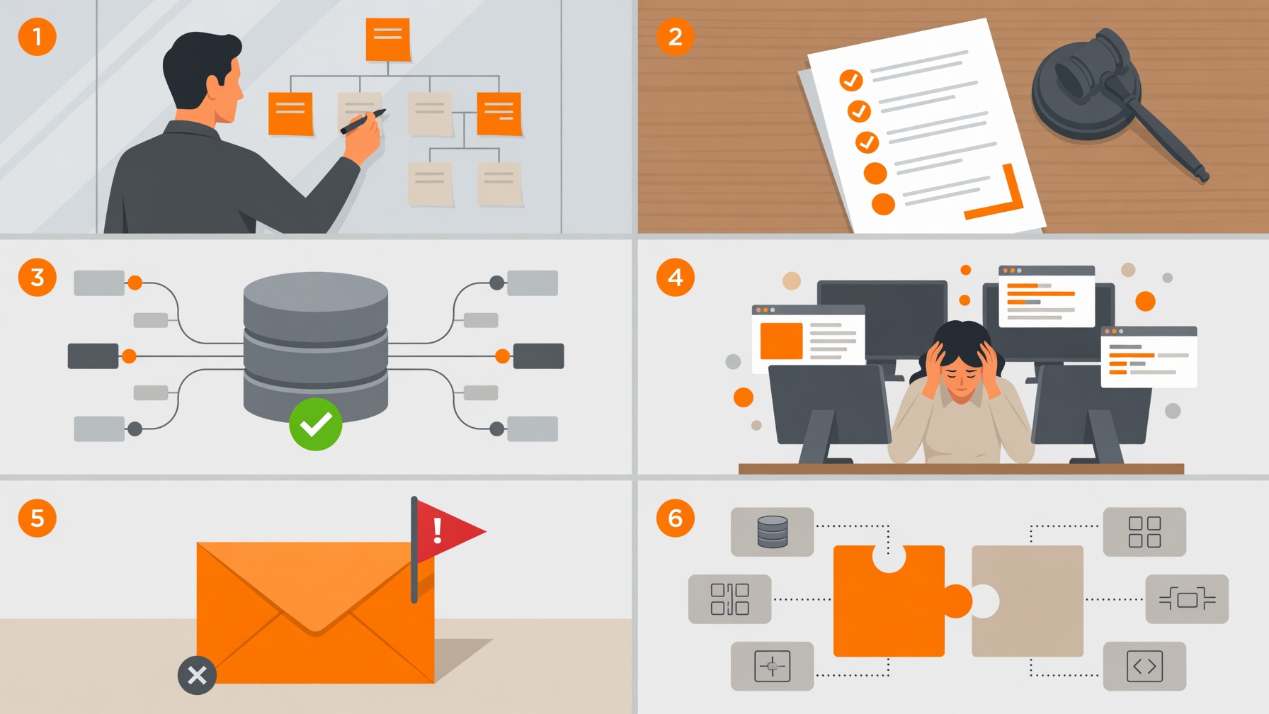 A six-panel grid illustration, one panel for each audit dimension above. Each panel shows a simple scene: a person mapping a workflow on a glass wall, a gavel and checklist for decisions, a database cylinder with a checkmark, a person at a desk surrounded by too many screens, an envelope with a red flag, and two puzzle pieces connecting. Flat design, consistent color palette, professional editorial style
